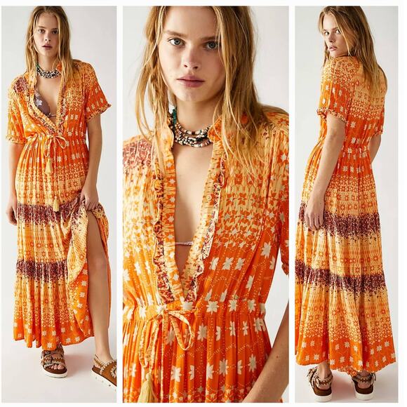 New Free People Rare Feelings Tiered Maxi Dress $148 X-SMALL Orange Boho Floral - Picture 1 of 9